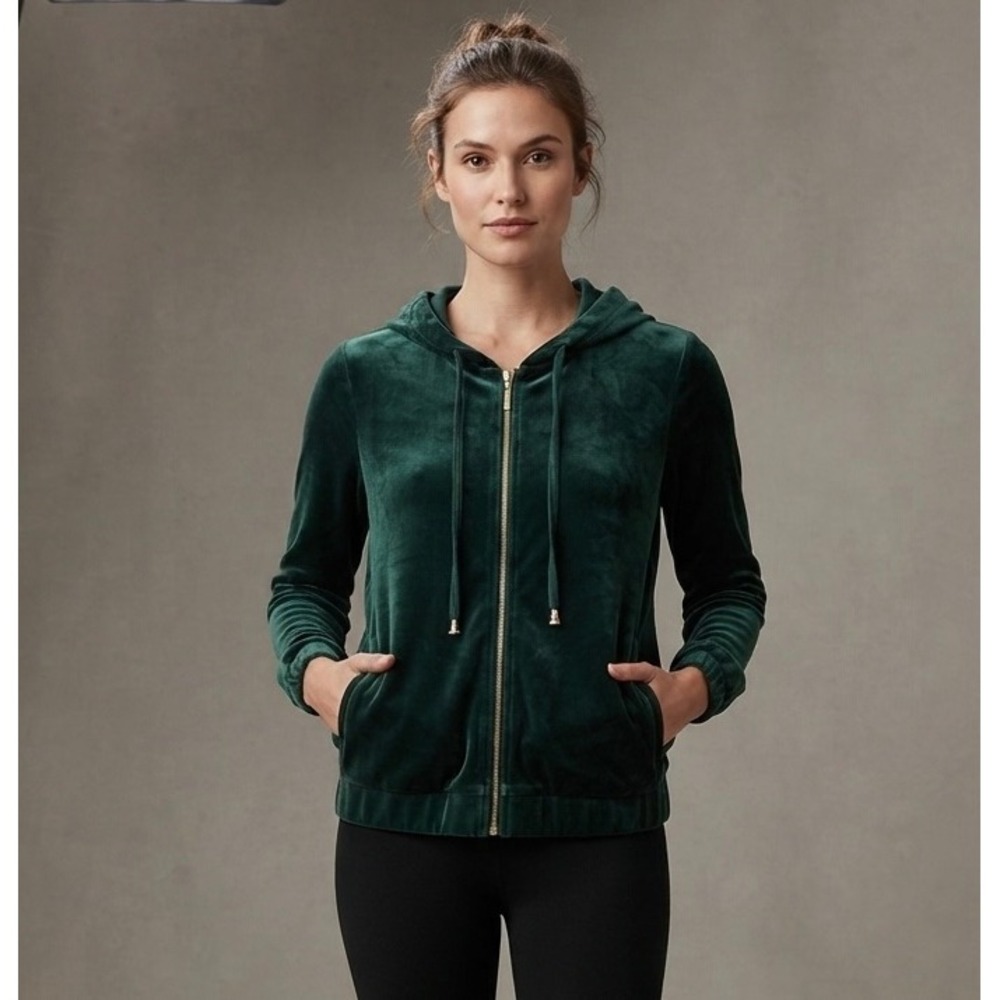 Cable & Gauge Studio Hoodie Women XS Green Velour Zip Up Rhinestone Pull